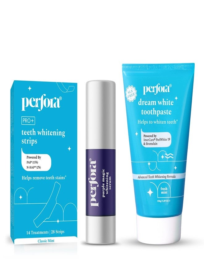 بيرفورا مجموعة بيرفورا لتبييض الأسنان | شرائط - 14 علاجًا، سيروم بيربل ماجيك للتبييض 30 مل، ومعجون أسنان دريم وايت 150 جم | تركيبة آمنة على مينا الأسنان وخالية من الحساسية للعناية بالفم وإزالة بقع الأسنان | عبوة من 3 قطع - Image 1